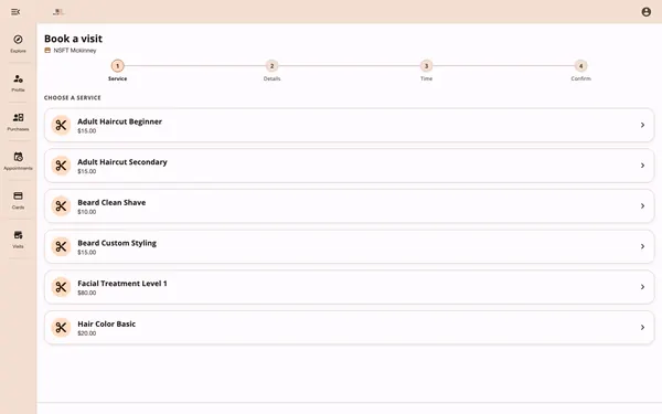 Choosing a service from a list with prices