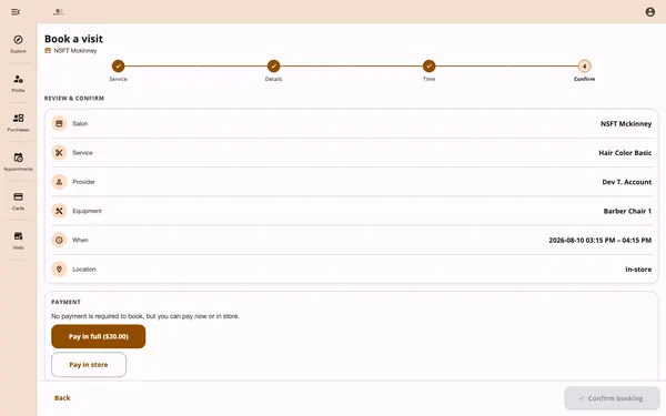 Booking review screen with payment options