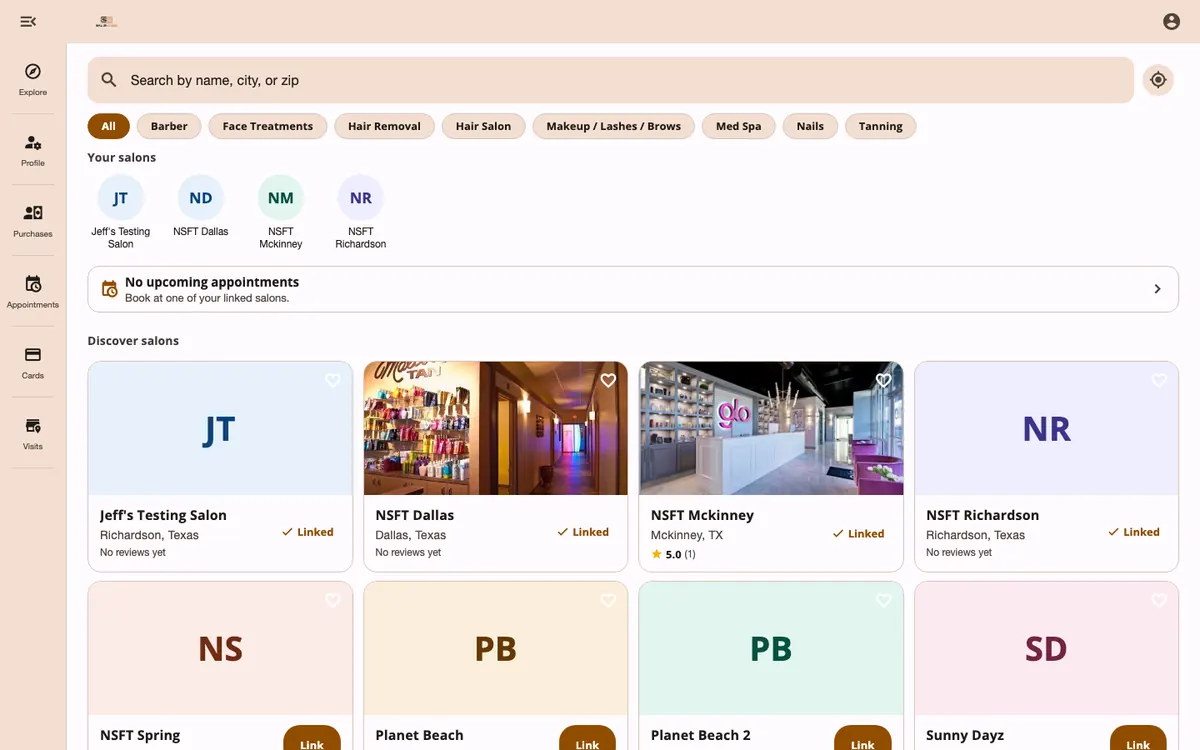 SalonDesk client view with salon search, category filters and nearby salons