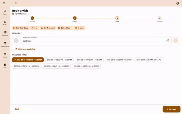 Available appointment times shown as selectable chips