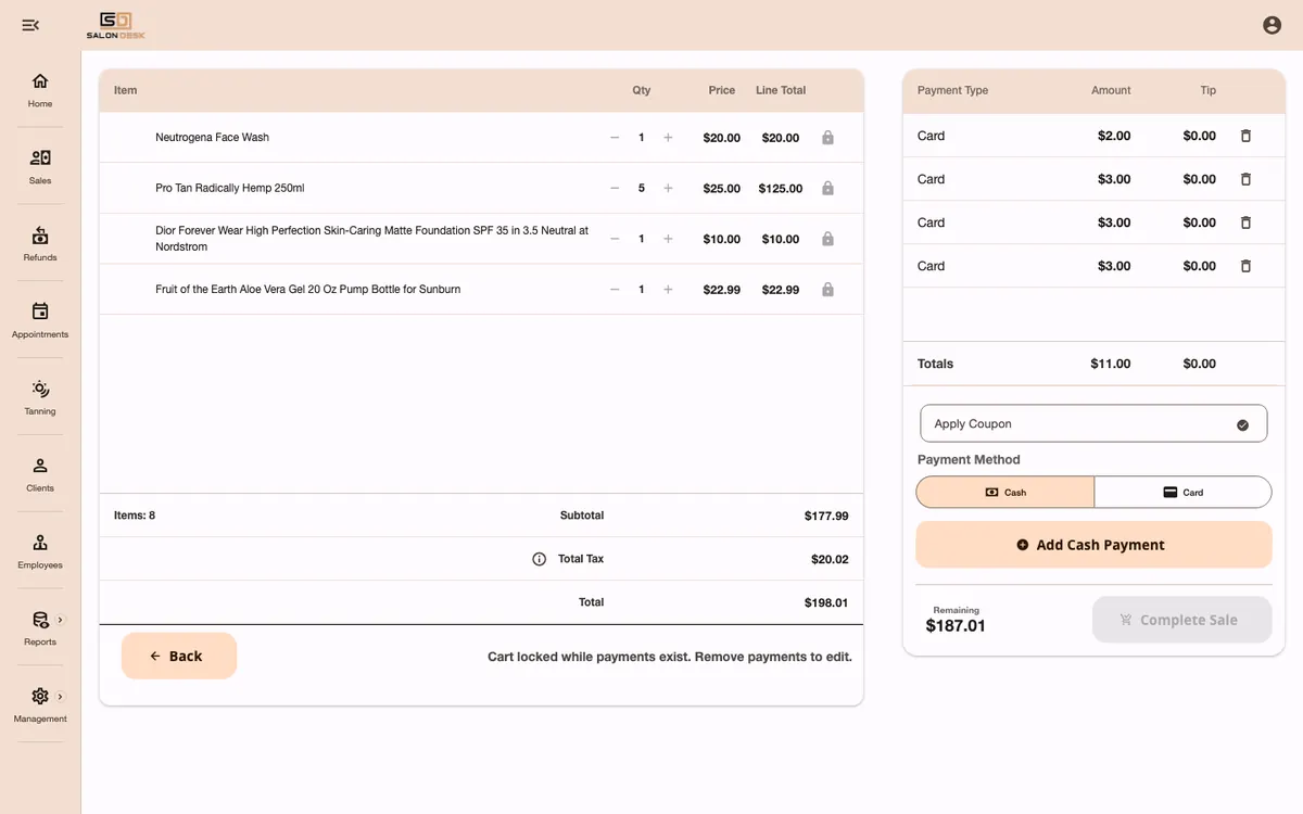 Point of sale checkout with cart, split payments and totals