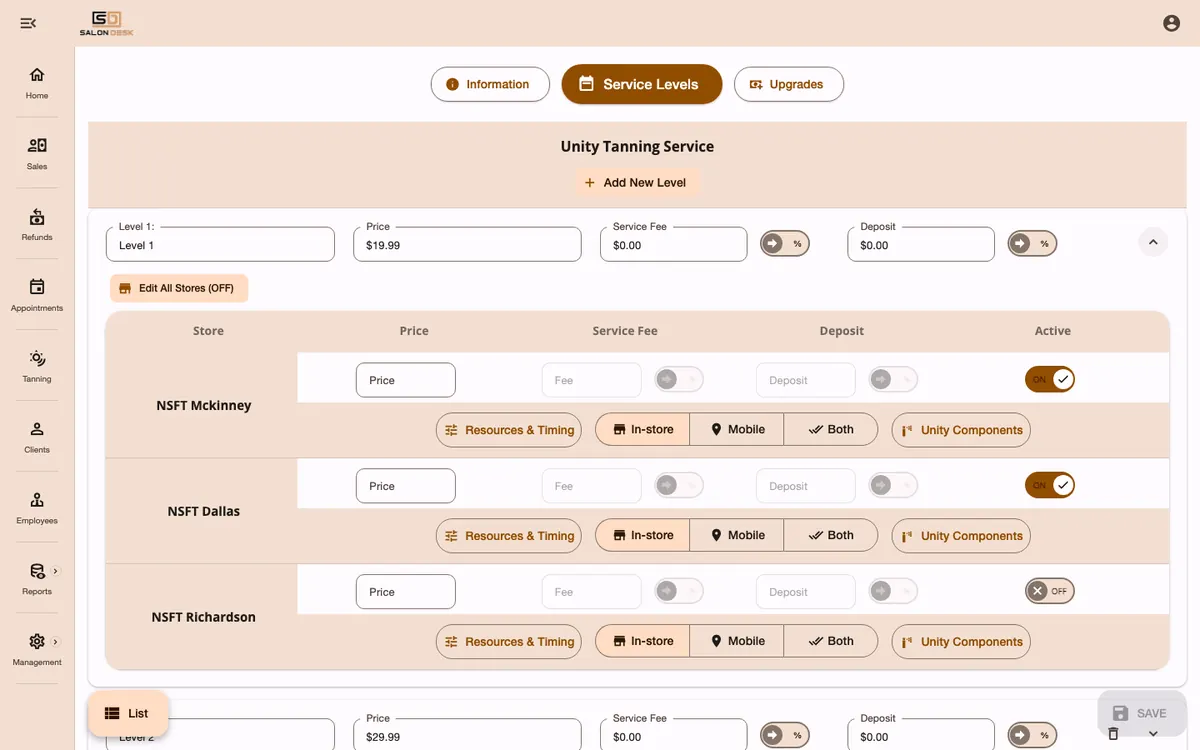 Per-store pricing grid with price, fee, deposit and active toggles